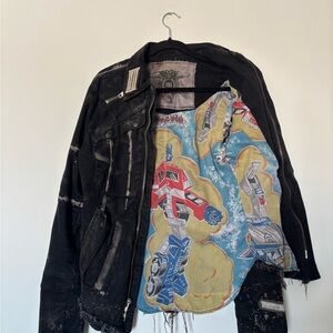 Junker designs  Black Distressed Bomber Jacket with Graphic Lining